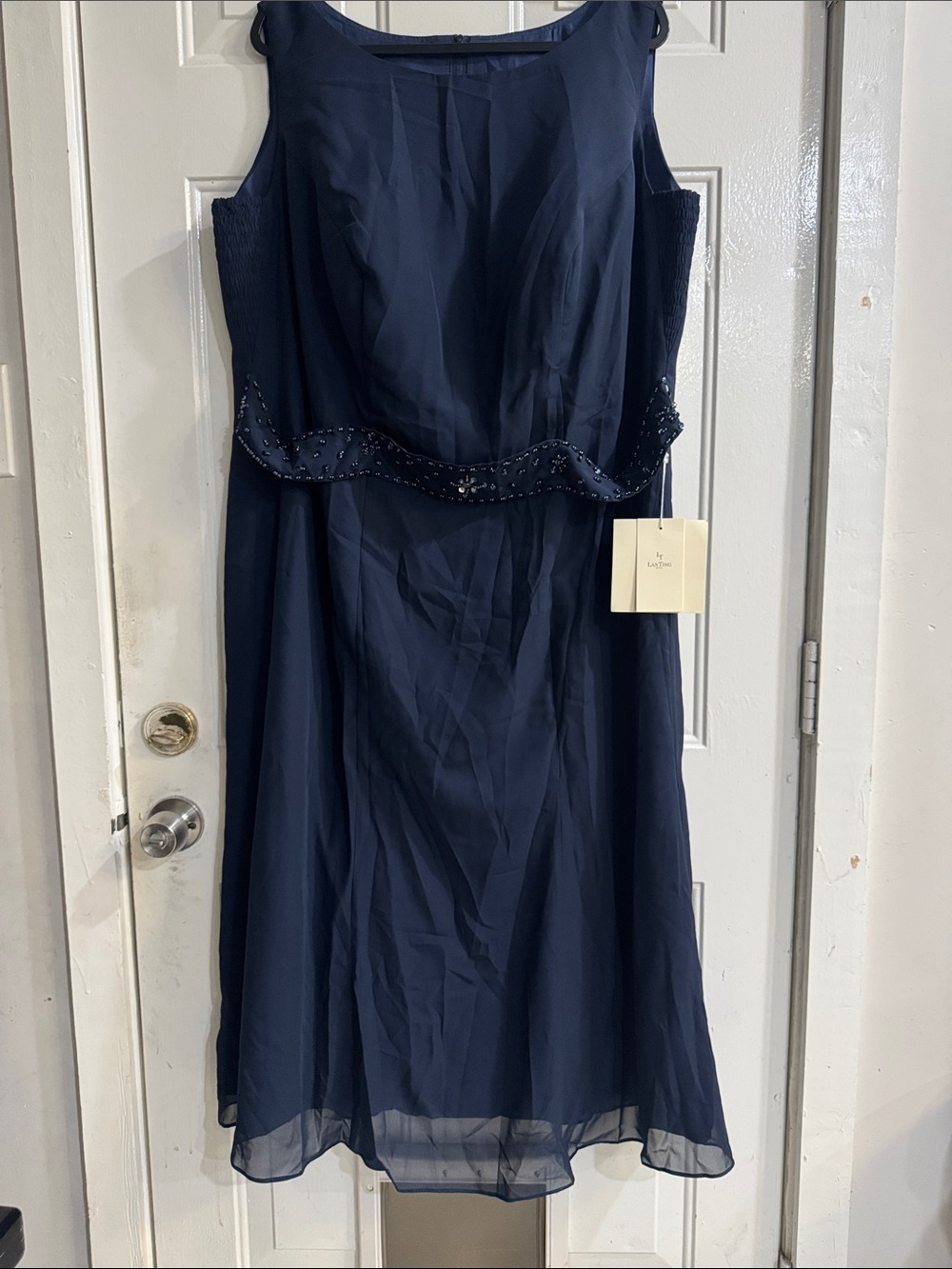 Sleeveless Navy Midi Dress with Beaded Waistband